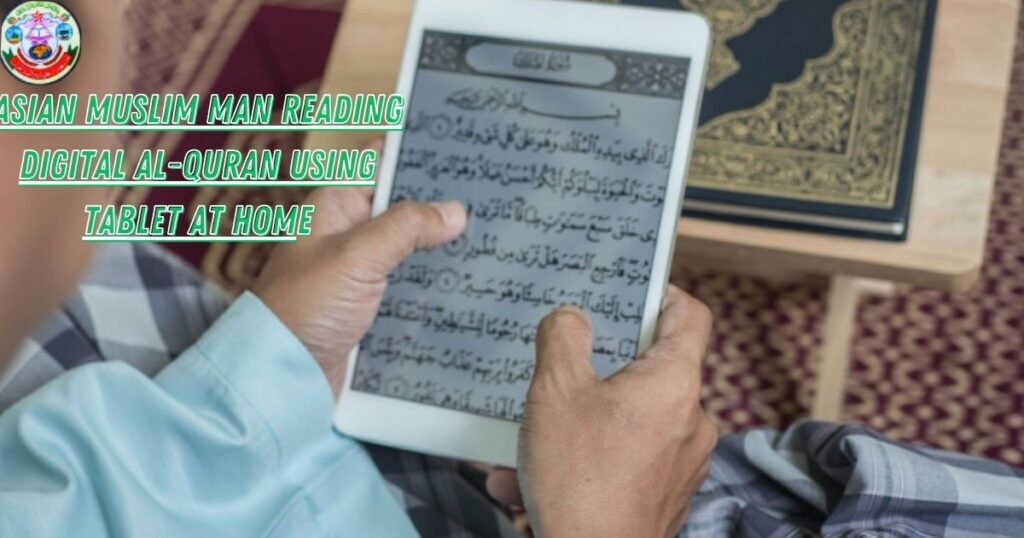 Asian Muslim man reading digital Al-Quran using tablet at home