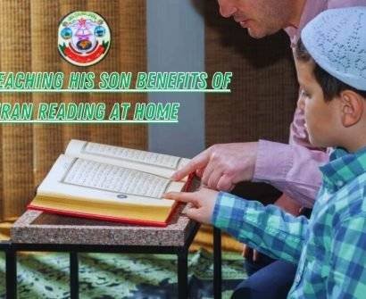 Father teaching his son Benefits of Quran Reading at Home