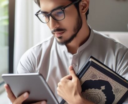 A person studying the Quran on a Mobile